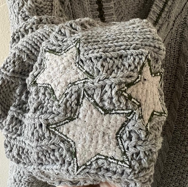 Swiftie gray cardigan green stars holiday vibe