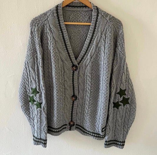 Swiftie gray cardigan green stars holiday vibe